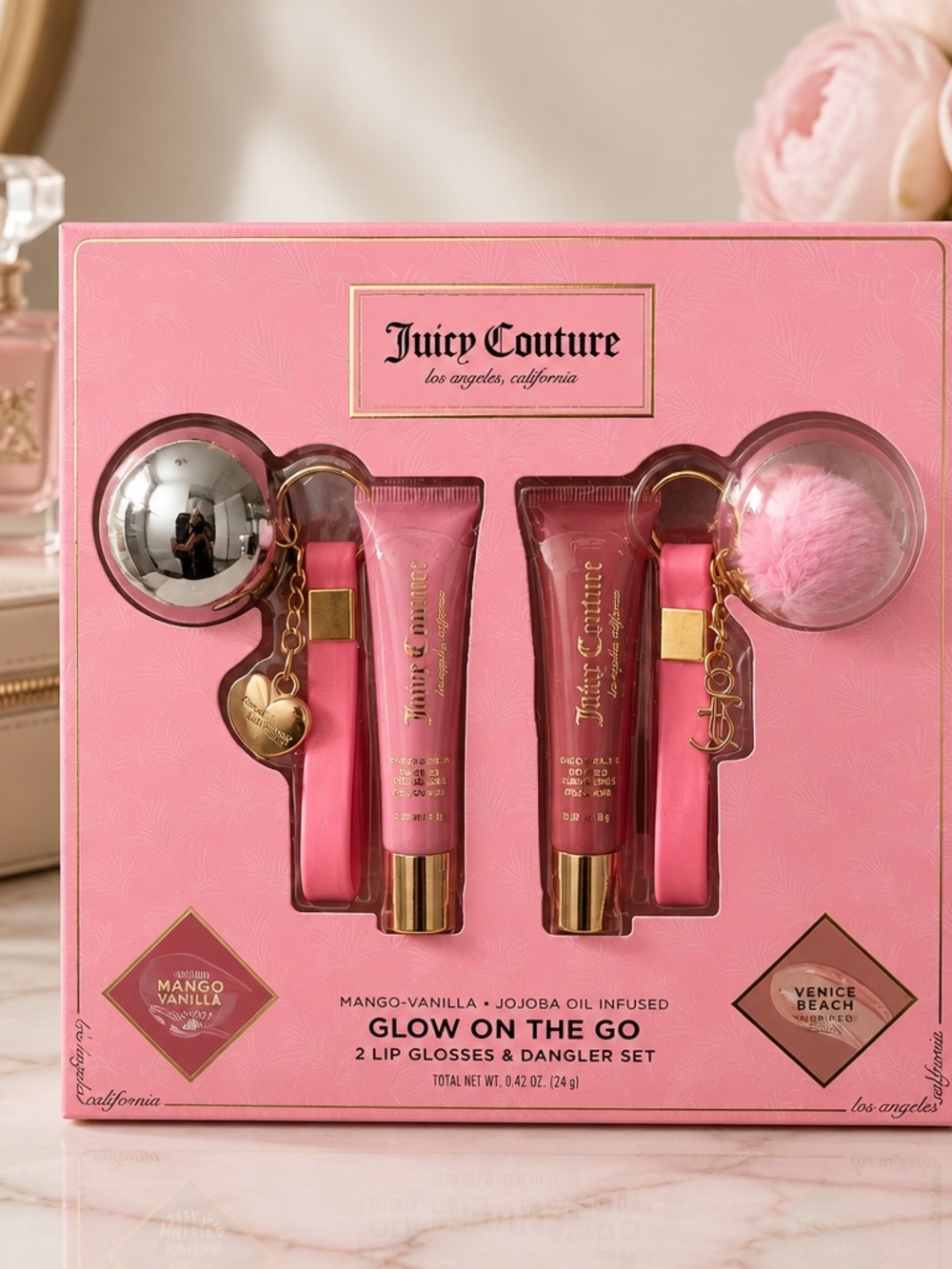 Juicy Couture Pink Lip Gloss Duo Gift Set with Danglers